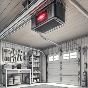 Garage interior with a garage door opener beeping due to a red warning light, indicating troubleshooting needs.