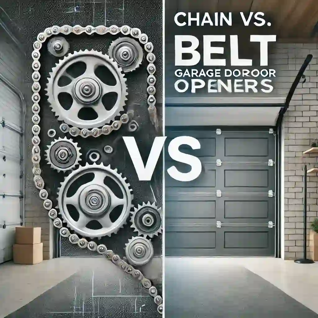 A side-by-side visual comparison of chain and belt garage door openers, highlighting their differences in a modern garage setting.