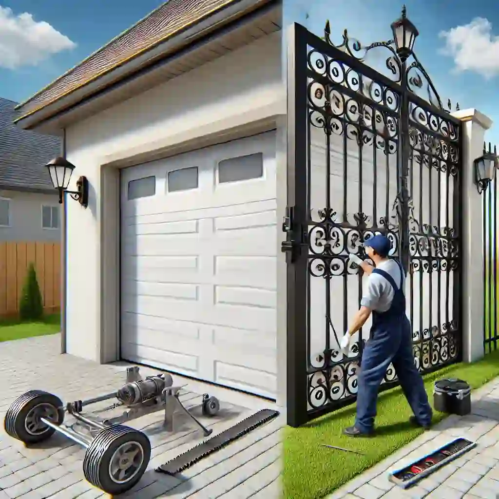 A professional showcasing expertise in repairing both garage doors and gates, illustrating the unique mechanisms of each system.