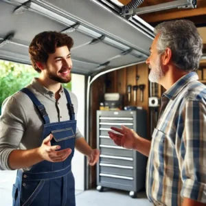 Garage door technician explaining features to homeowner