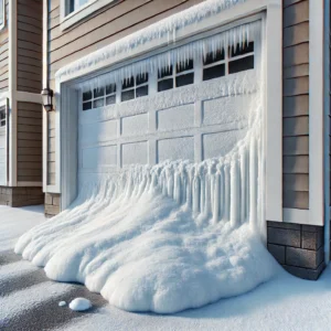 Frozen garage door with snow and ice buildup at the base